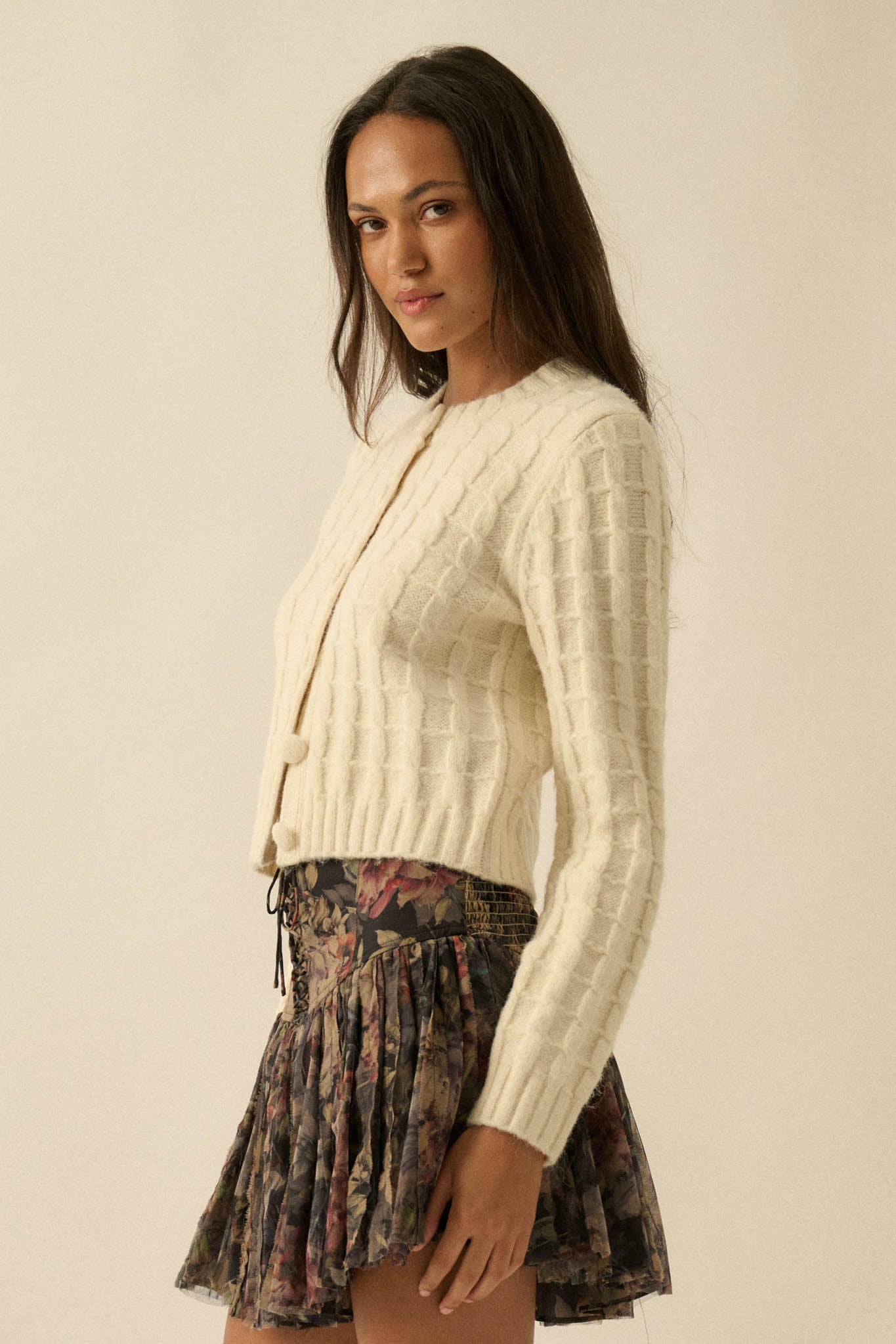 Quiet Calm Cable Knit Button-Up Cropped Cardigan - ShopPromesa