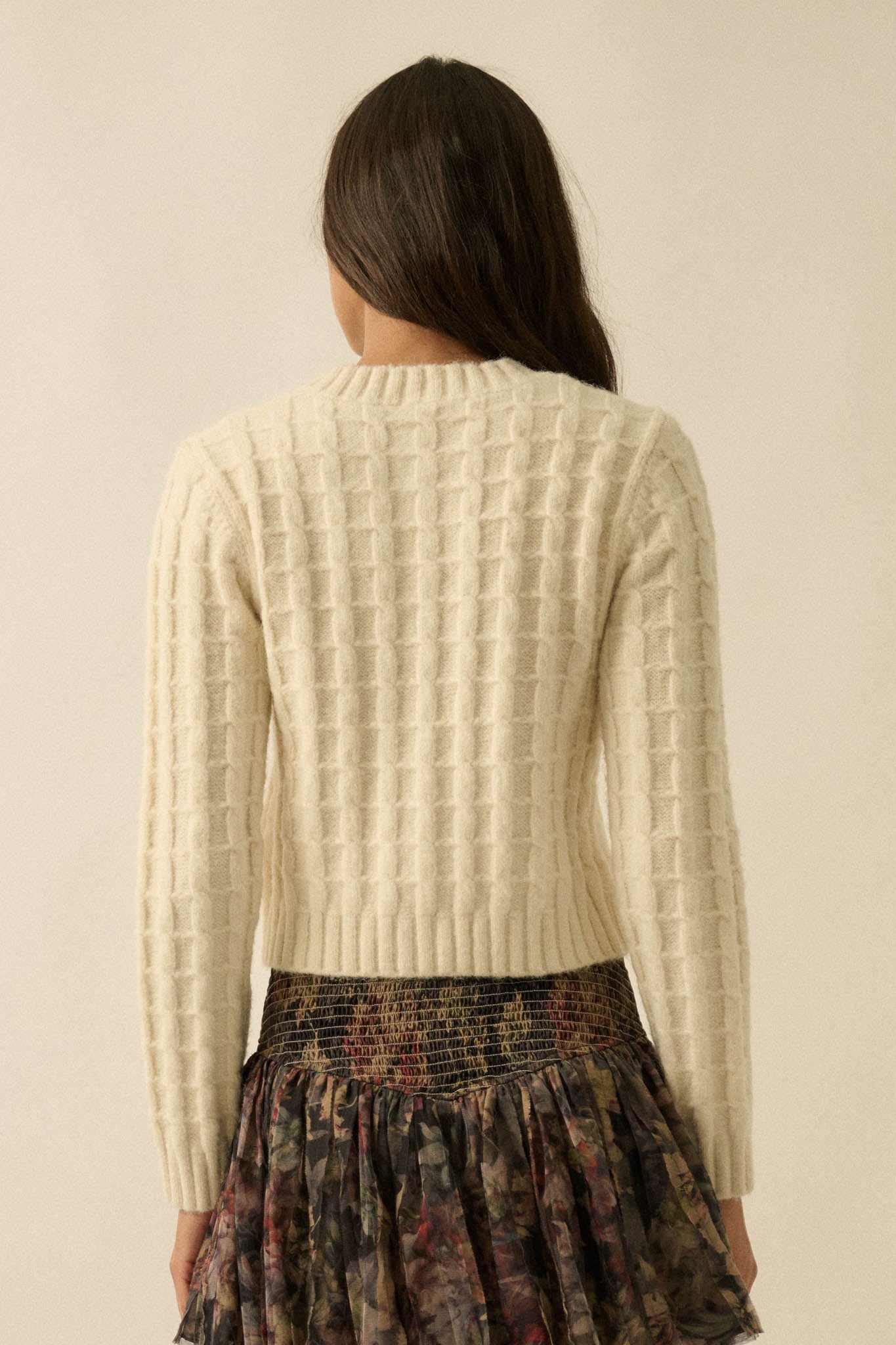 Quiet Calm Cable Knit Button-Up Cropped Cardigan - ShopPromesa