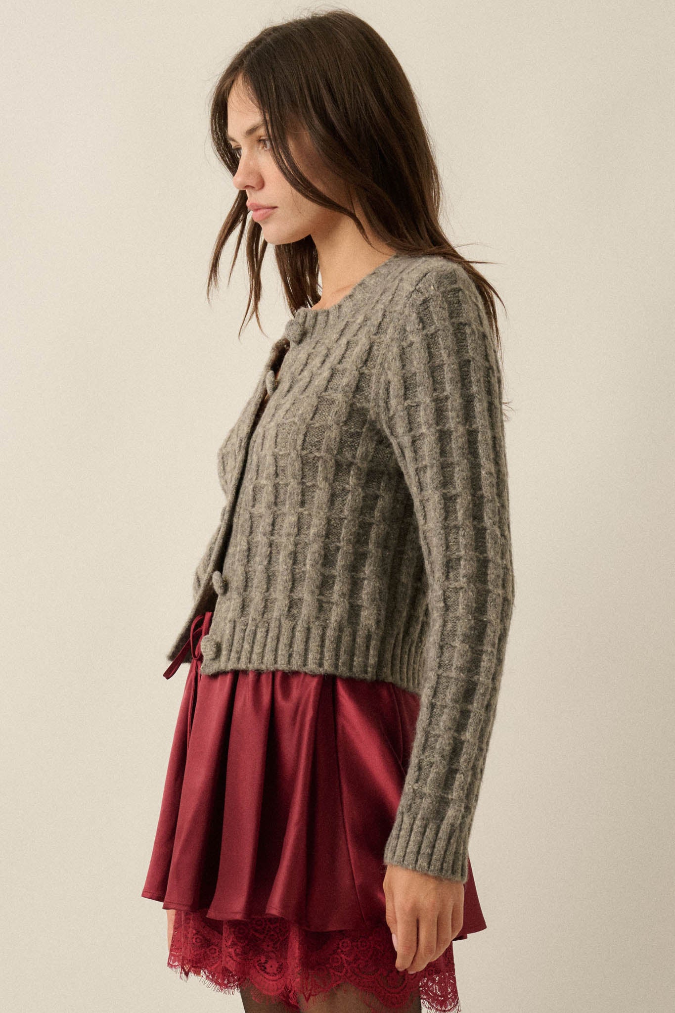 Quiet Calm Cable Knit Button-Up Cropped Cardigan - ShopPromesa