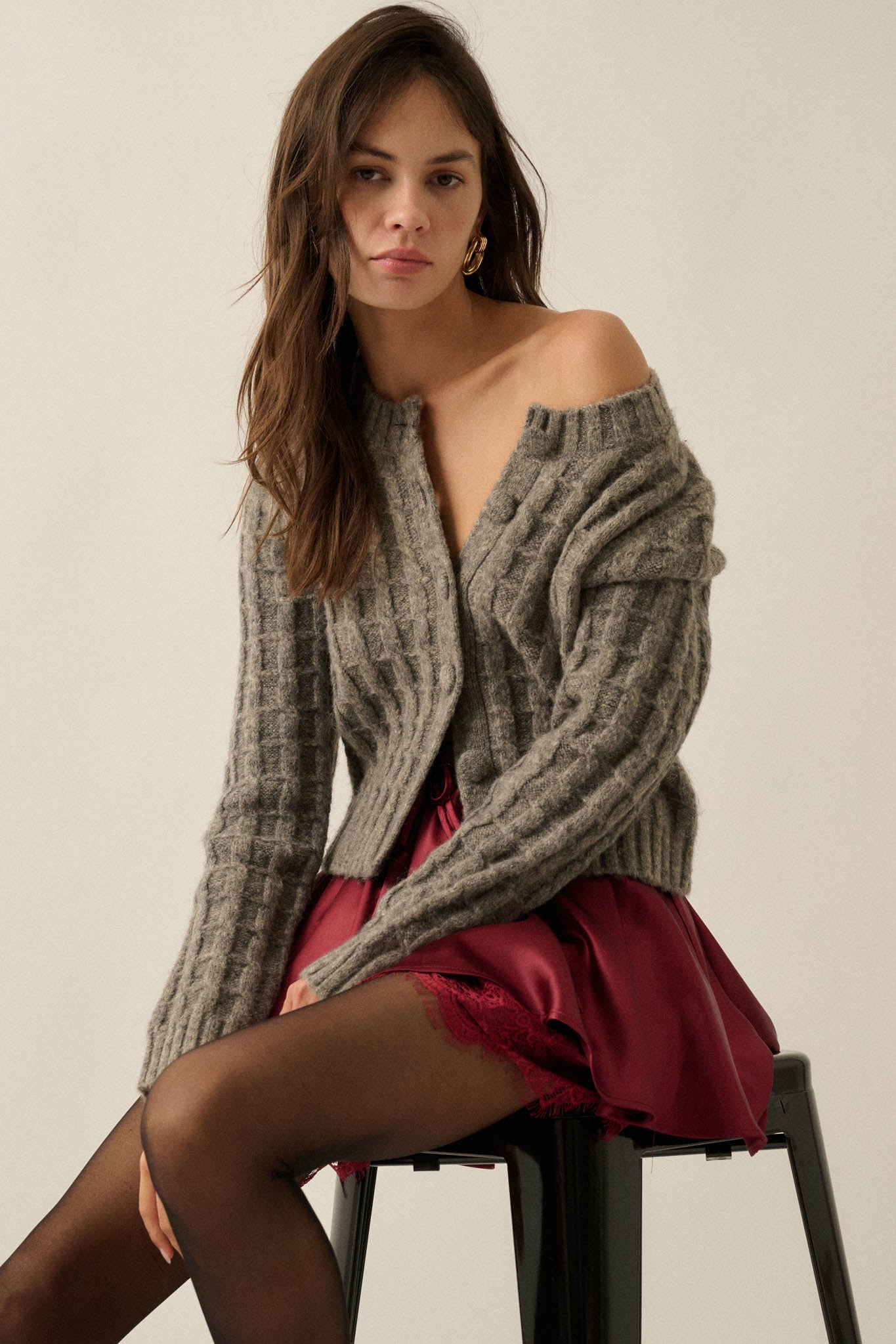Quiet Calm Cable Knit Button-Up Cropped Cardigan - ShopPromesa
