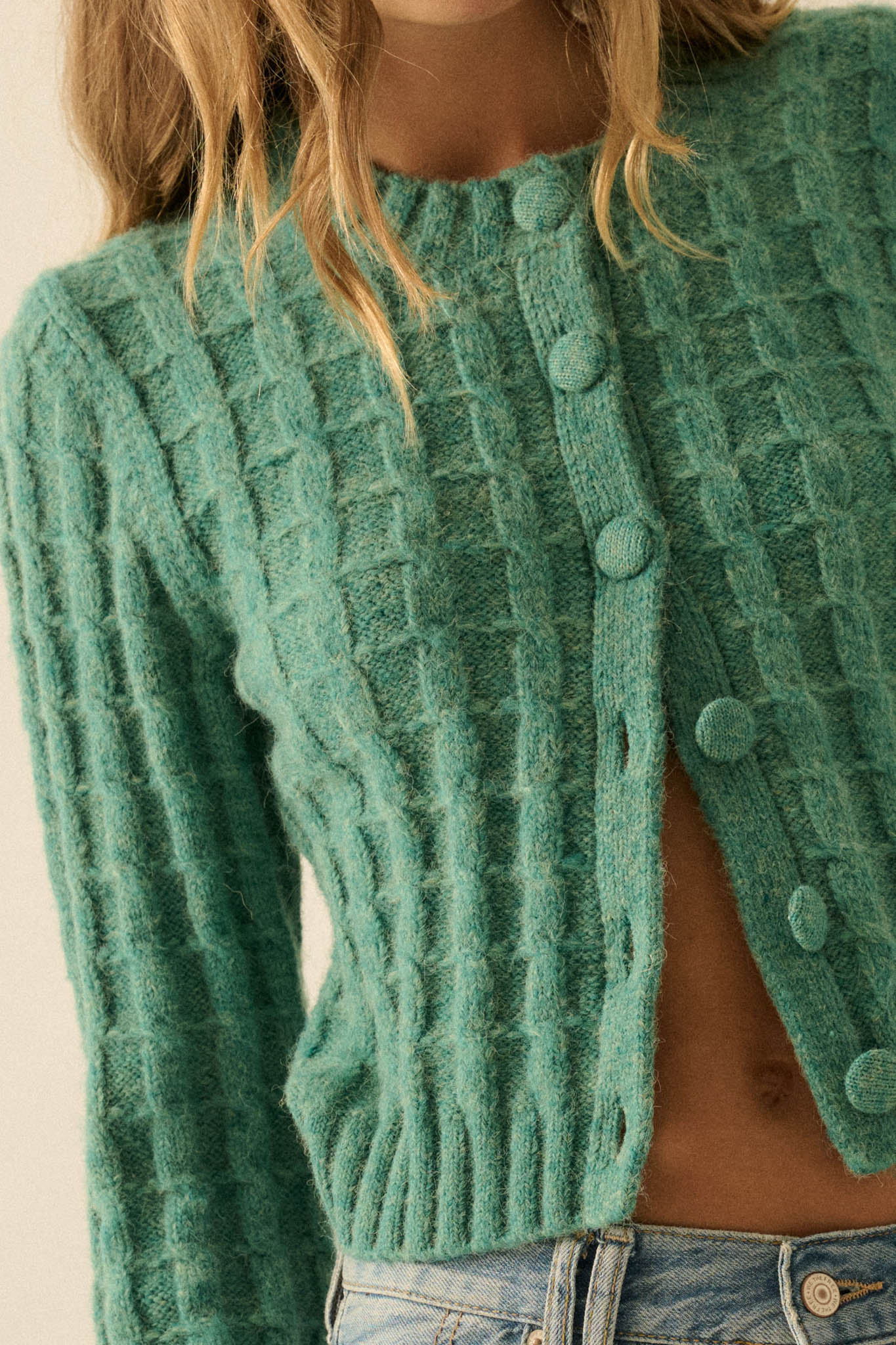 Quiet Calm Cable Knit Button-Up Cropped Cardigan - ShopPromesa