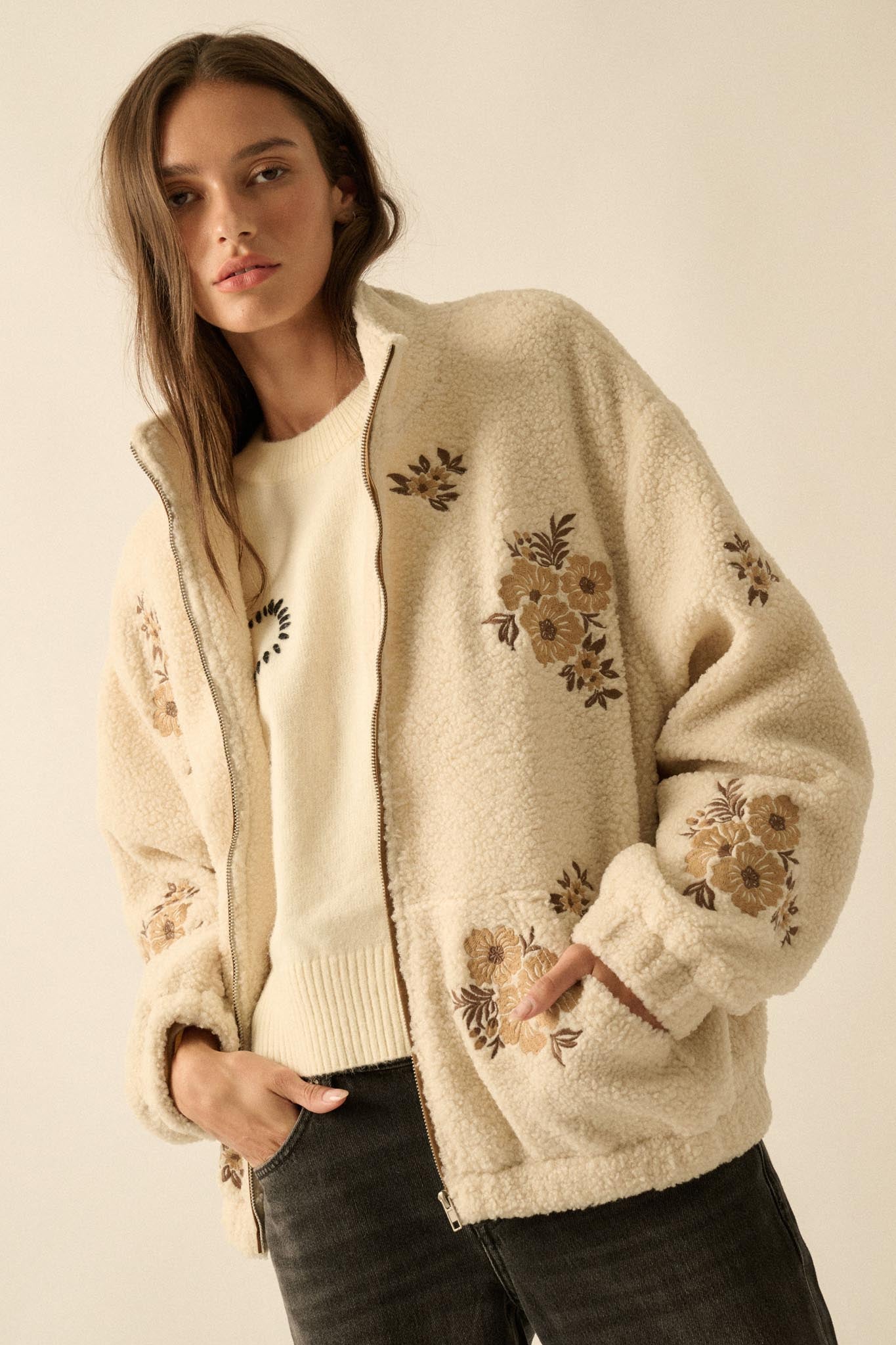Warm Blossoms Floral-Embroidered Fleece Jacket - ShopPromesa