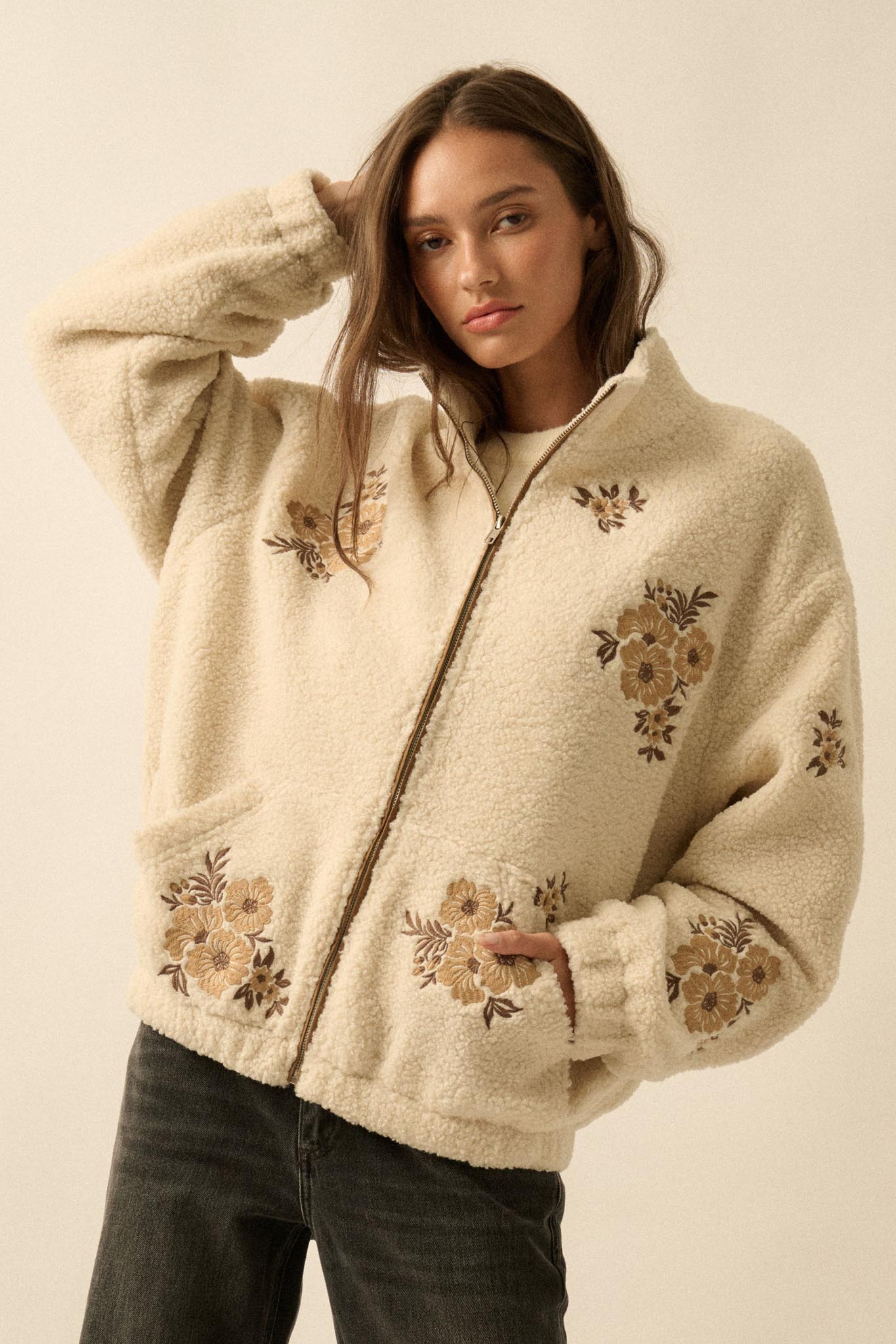 Warm Blossoms Floral-Embroidered Fleece Jacket - ShopPromesa