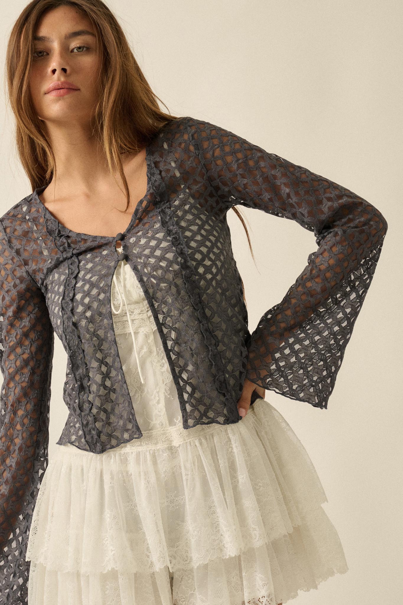 Kiss Me Quick Sheer Ruffled Floral Lace Cardigan - ShopPromesa