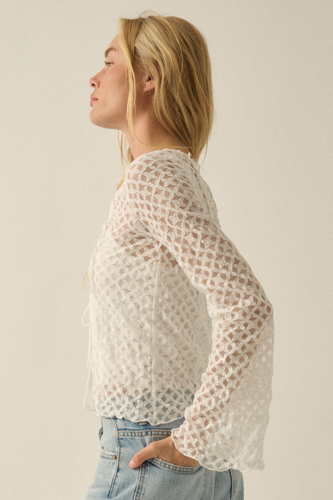 Kiss Me Quick Sheer Ruffled Floral Lace Cardigan - ShopPromesa