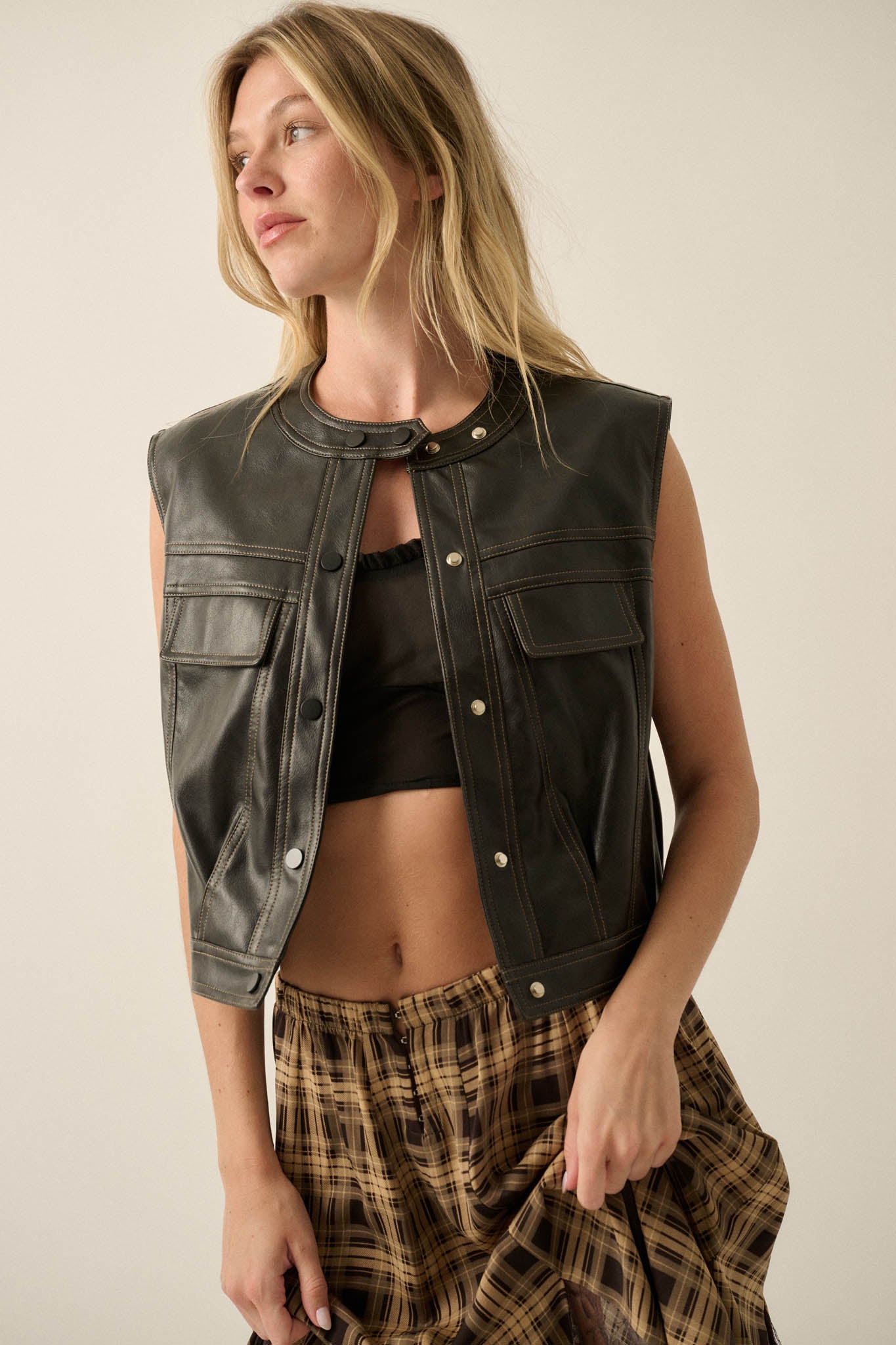 Joy Ride Vegan Leather Snap-Front Moto Vest - ShopPromesa