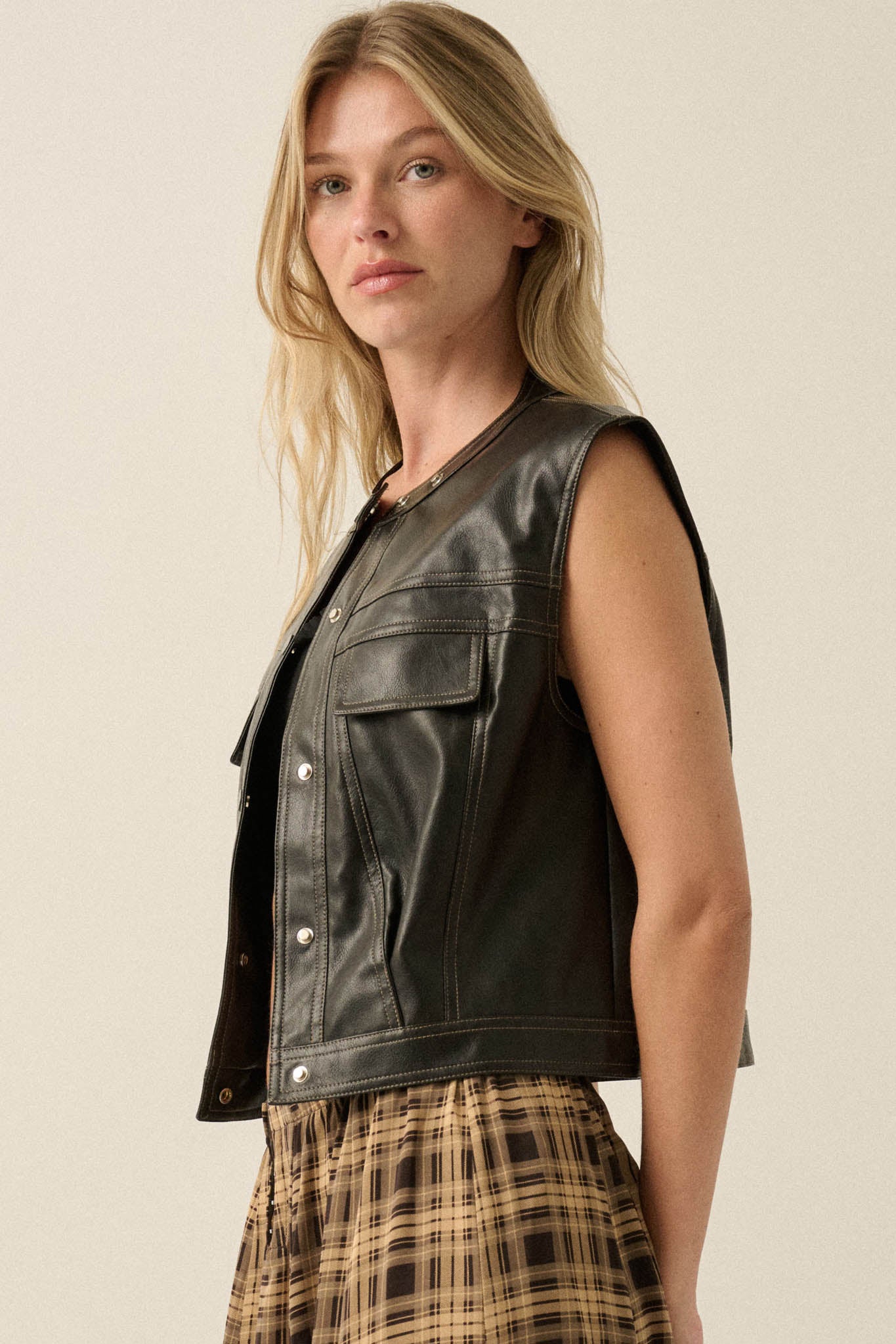 Joy Ride Vegan Leather Snap-Front Moto Vest - ShopPromesa