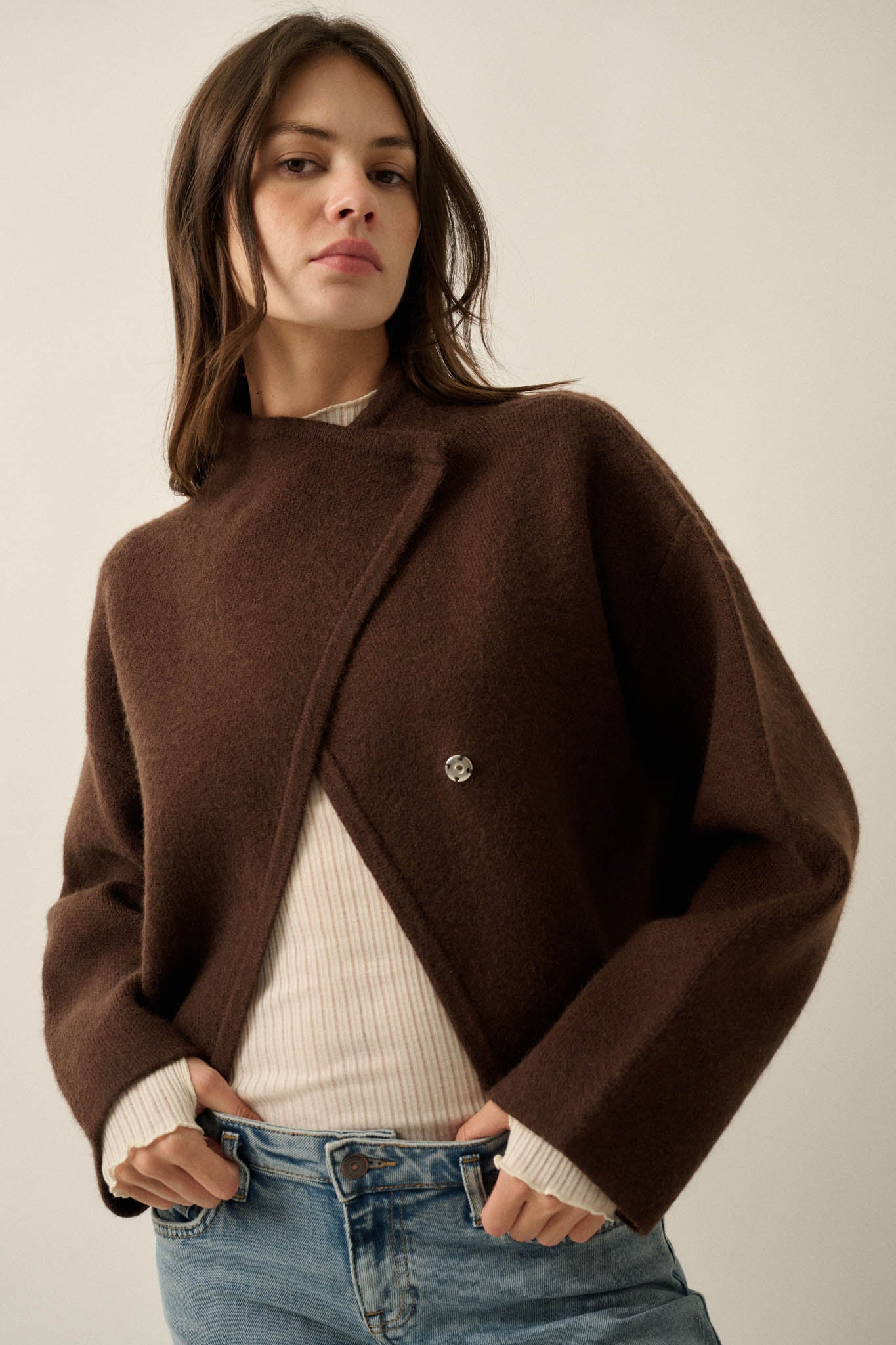Solid Ground Offset Snap-Front Wrap Sweater Jacket - ShopPromesa