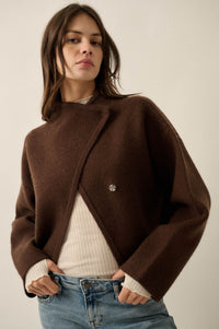 Solid Ground Offset Snap-Front Wrap Sweater Jacket - ShopPromesa