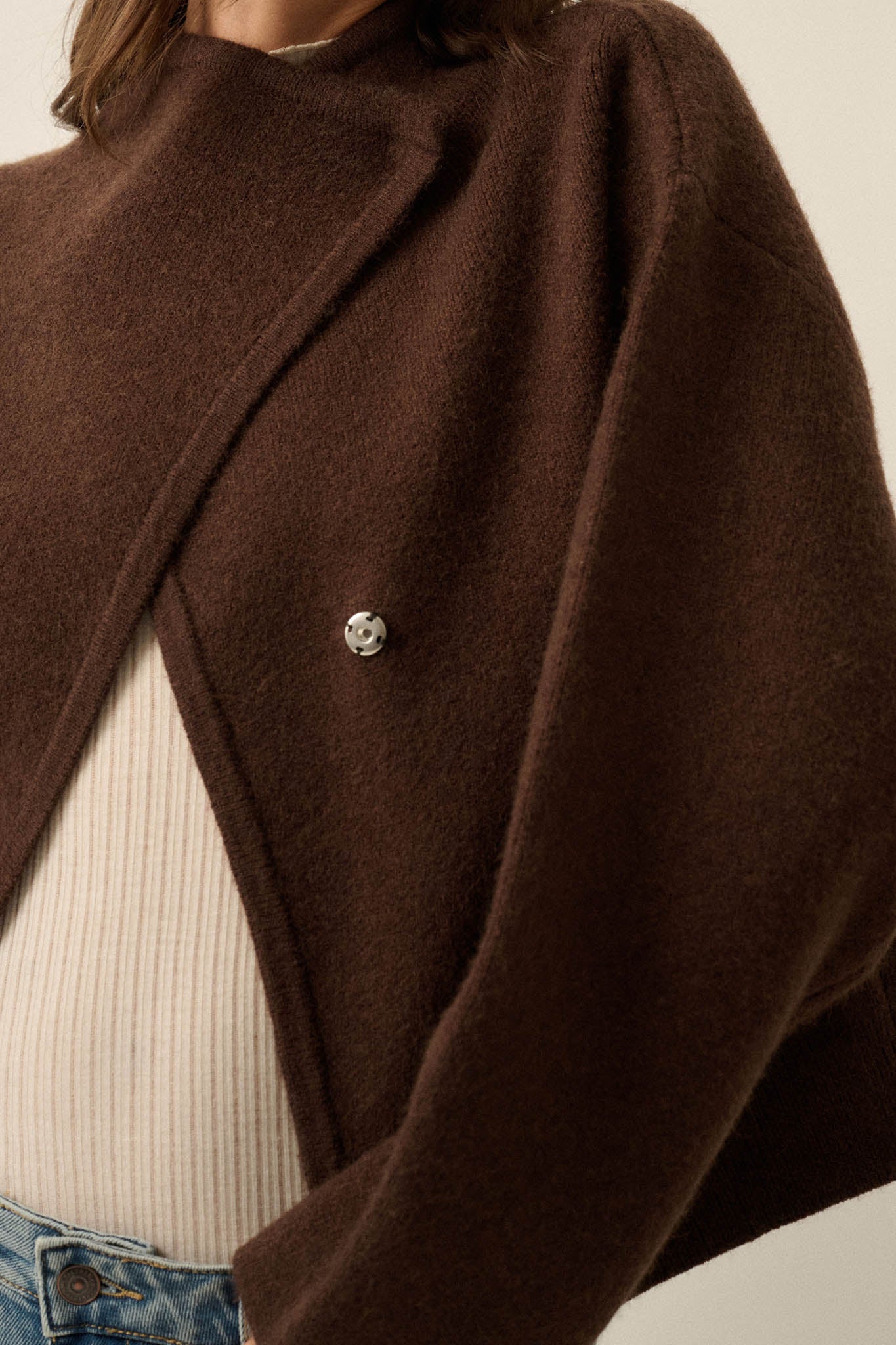 Solid Ground Offset Snap-Front Wrap Sweater Jacket - ShopPromesa