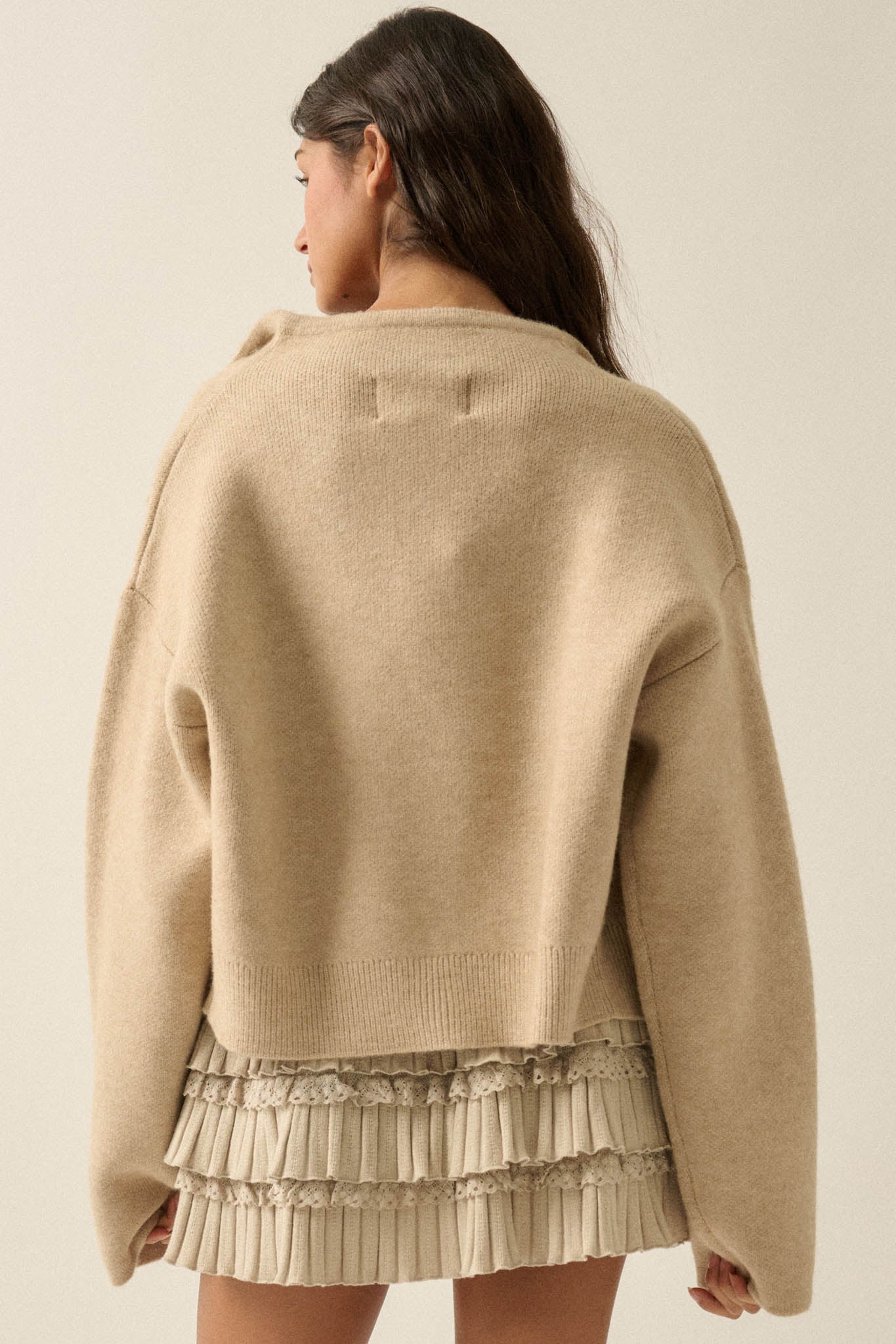 Solid Ground Offset Snap-Front Wrap Sweater Jacket - ShopPromesa
