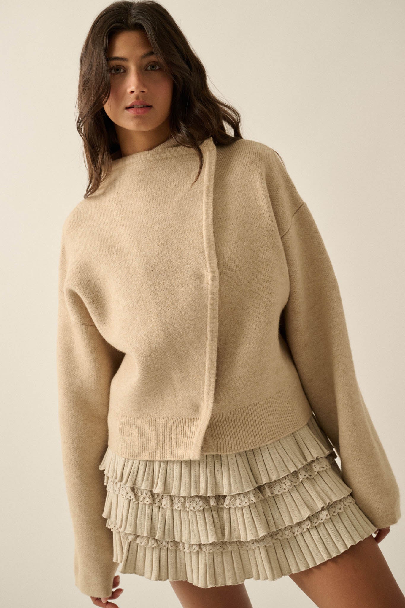 Solid Ground Offset Snap-Front Wrap Sweater Jacket - ShopPromesa