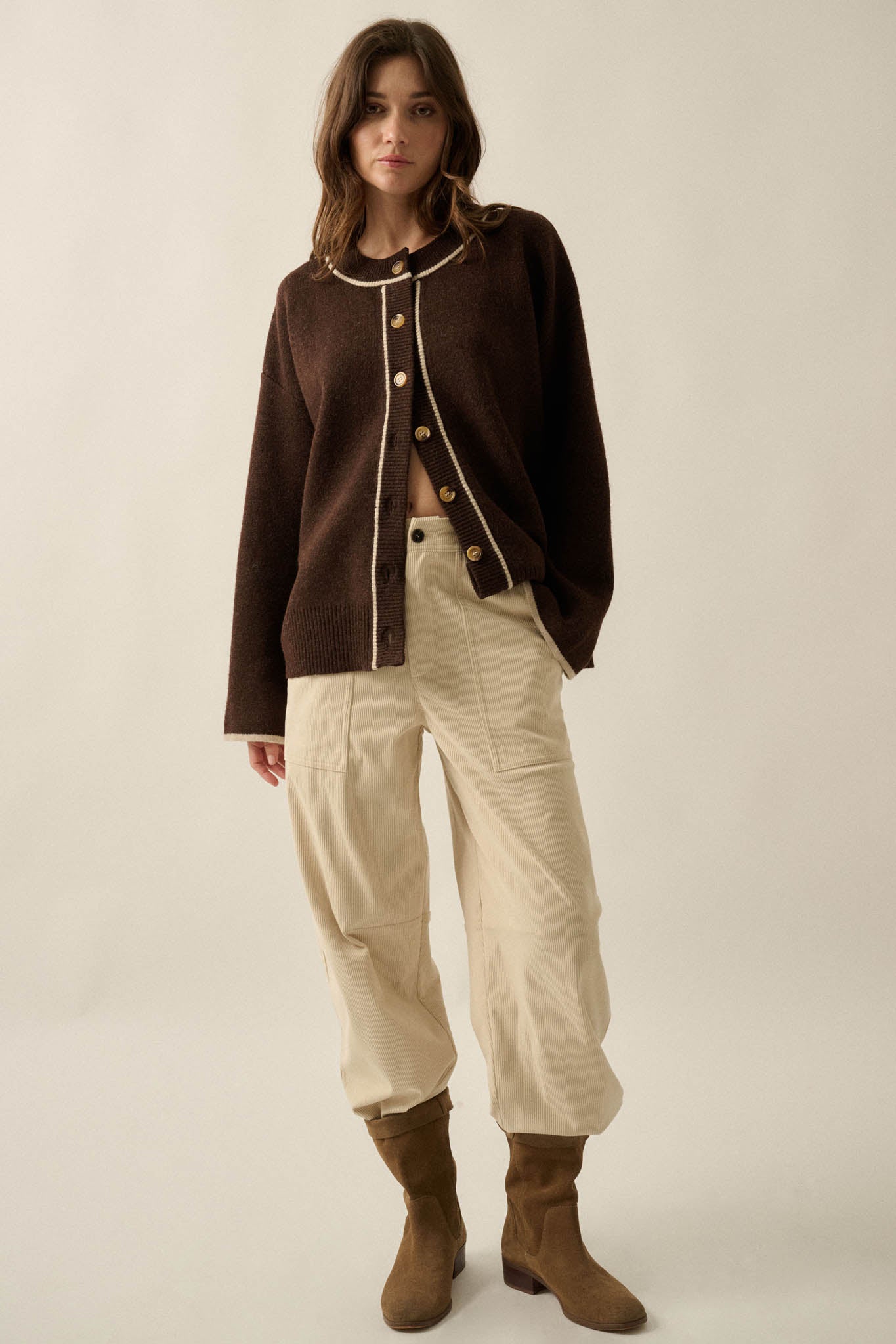 Cozy Nook Contrast-Stripe Crewneck Cardigan - ShopPromesa