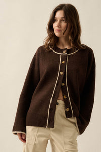 Cozy Nook Contrast-Stripe Crewneck Cardigan - ShopPromesa