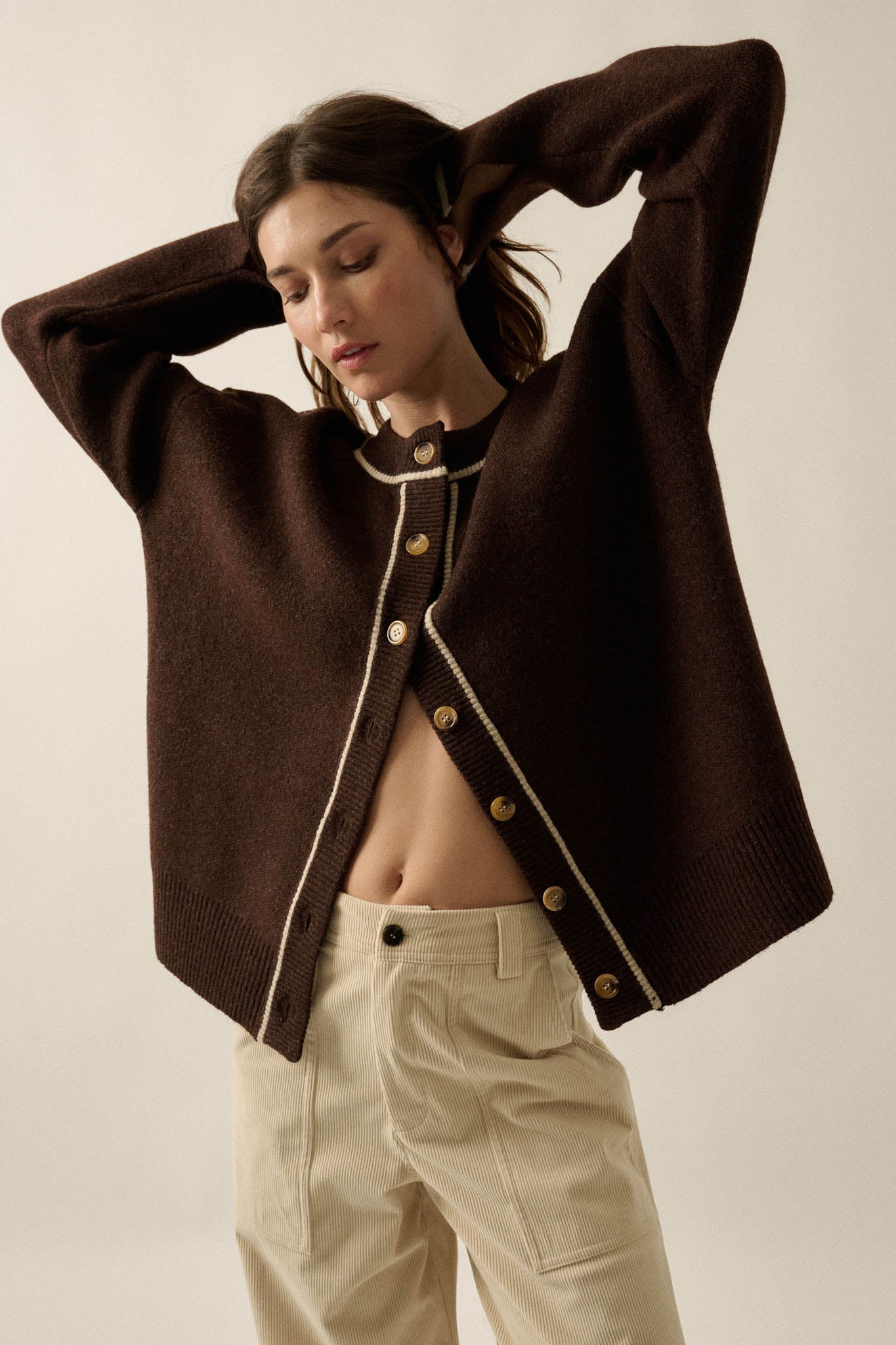 Cozy Nook Contrast-Stripe Crewneck Cardigan - ShopPromesa