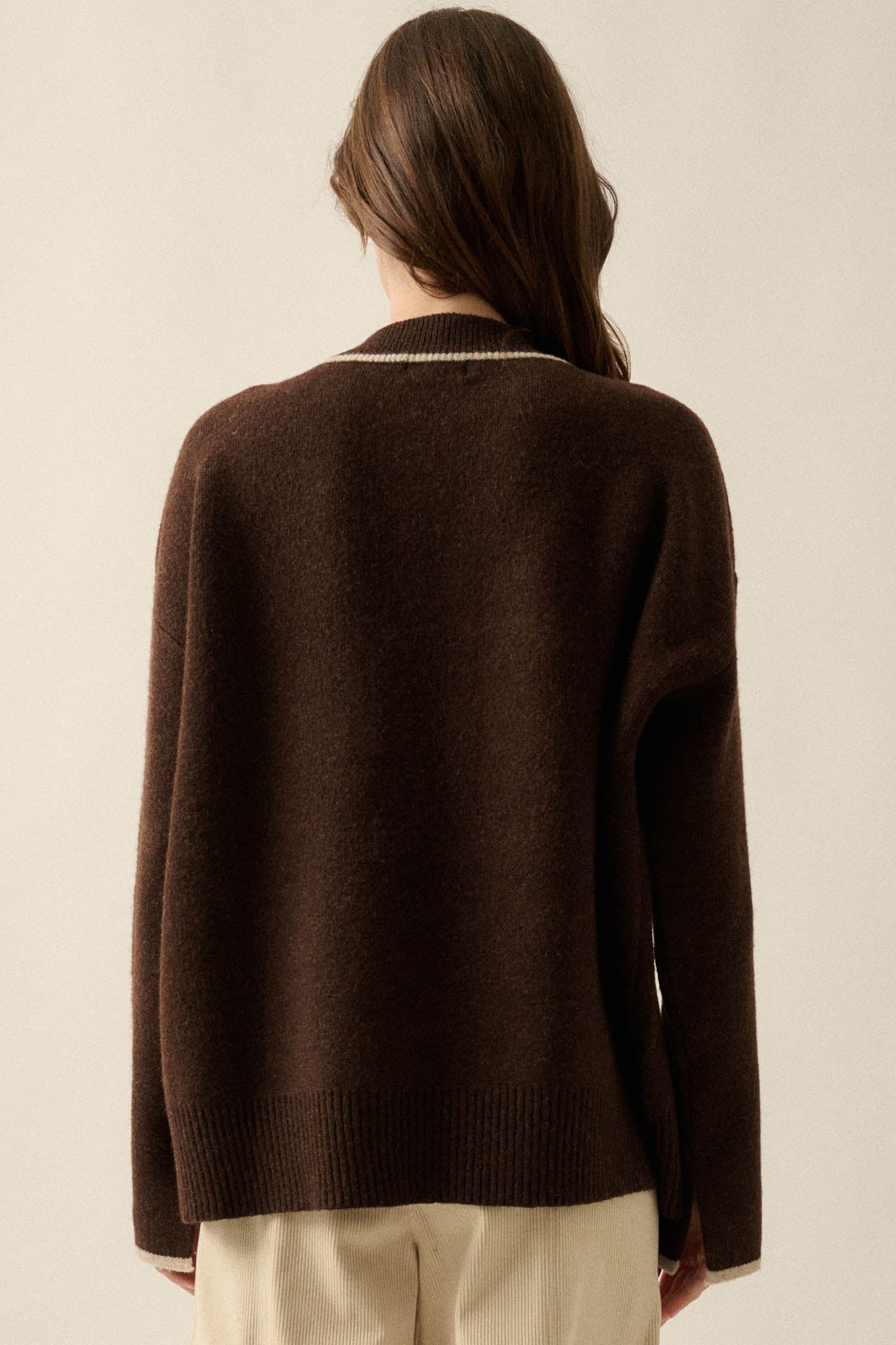 Cozy Nook Contrast-Stripe Crewneck Cardigan - ShopPromesa