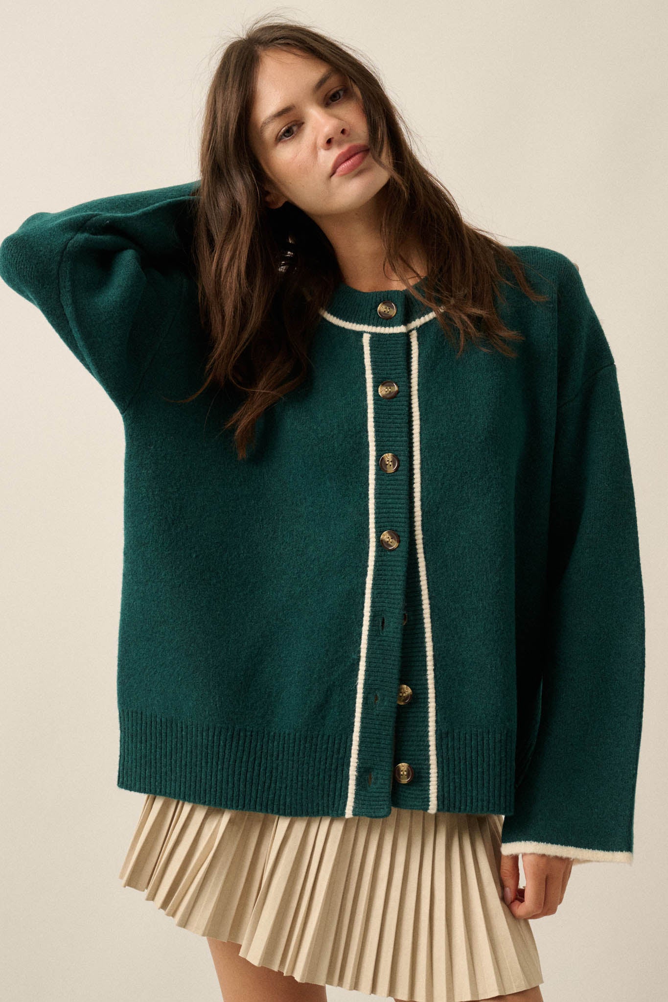 Cozy Nook Contrast-Stripe Crewneck Cardigan - ShopPromesa