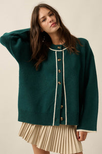 Cozy Nook Contrast-Stripe Crewneck Cardigan - ShopPromesa