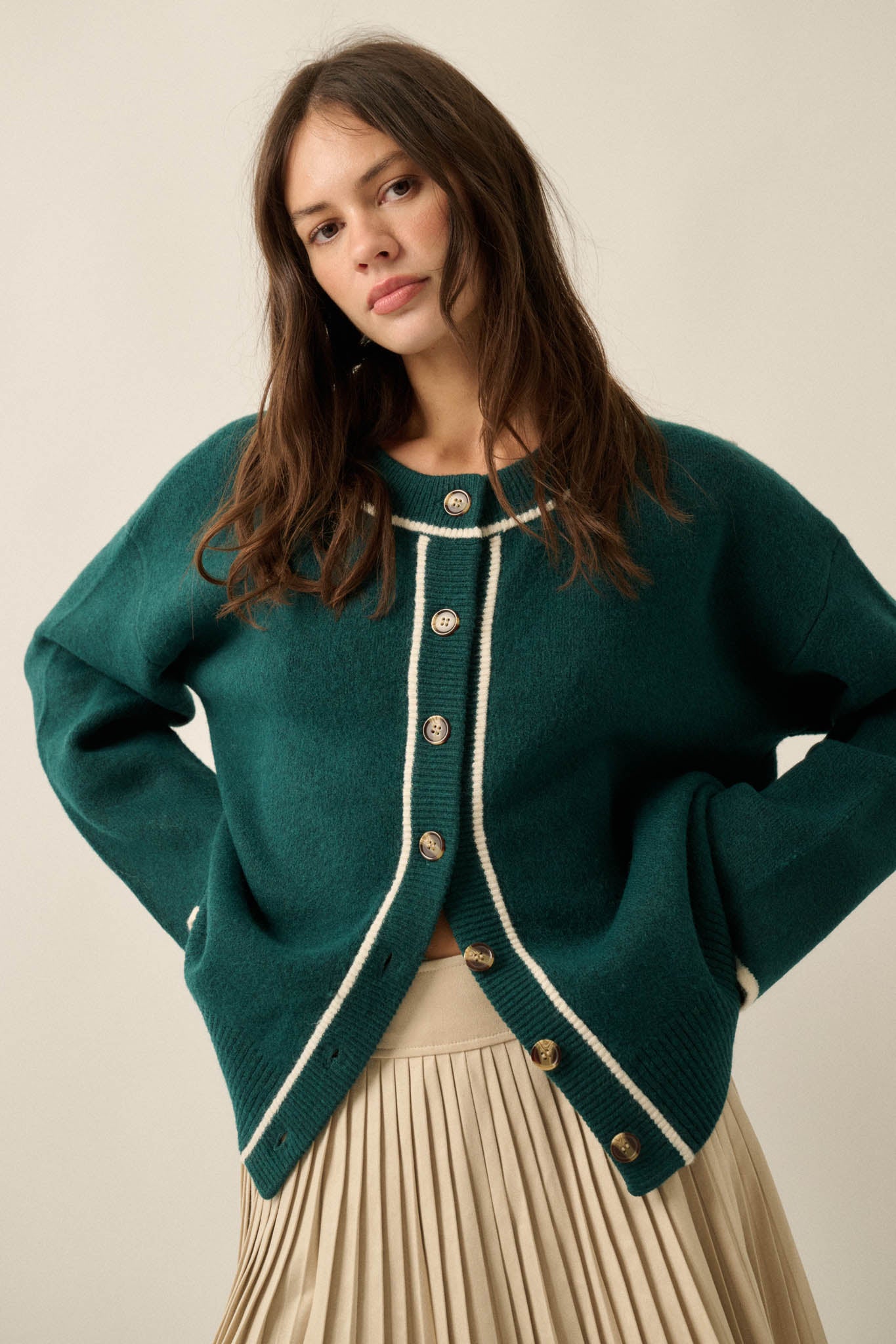 Cozy Nook Contrast-Stripe Crewneck Cardigan - ShopPromesa