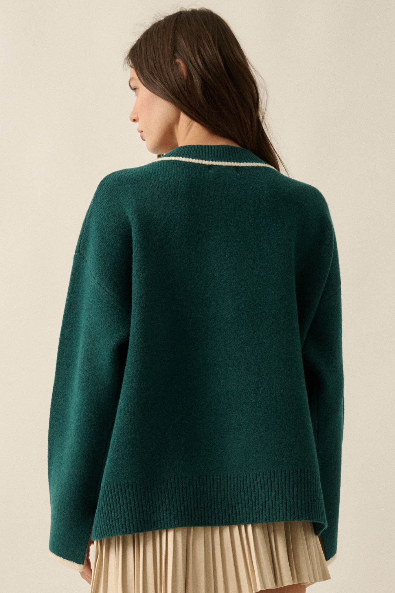 Cozy Nook Contrast-Stripe Crewneck Cardigan - ShopPromesa