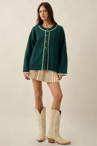 Cozy Nook Contrast-Stripe Crewneck Cardigan - ShopPromesa