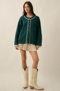 Cozy Nook Contrast-Stripe Crewneck Cardigan - ShopPromesa