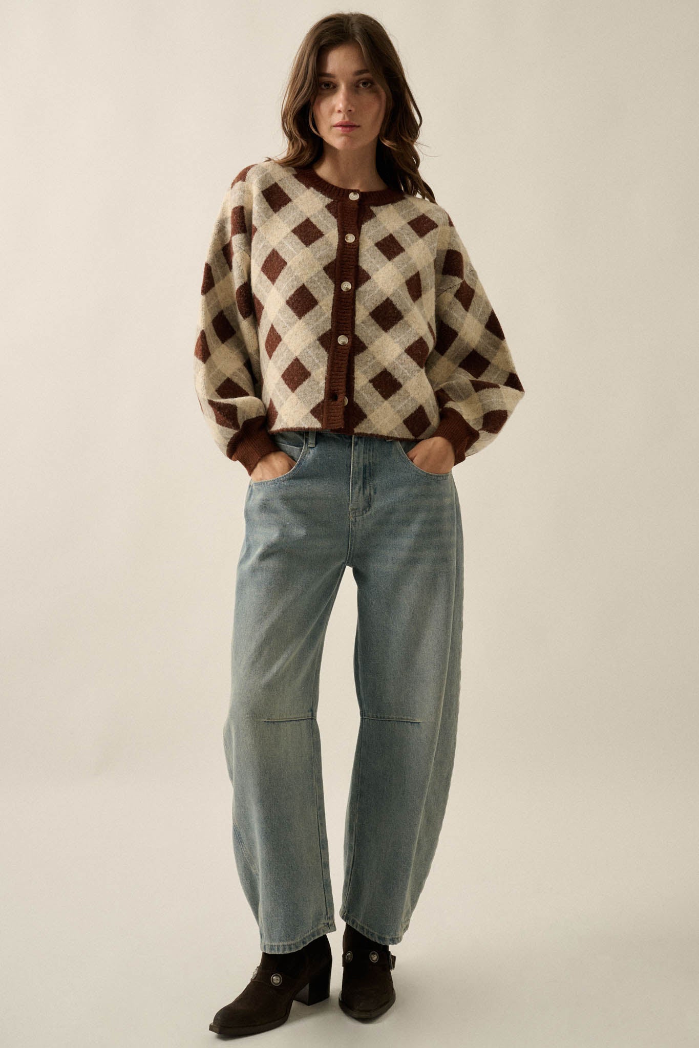 Plaid Idea Jacquard-Knit Bishop-Sleeve Cardigan - ShopPromesa