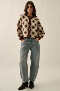 Plaid Idea Jacquard-Knit Bishop-Sleeve Cardigan - ShopPromesa