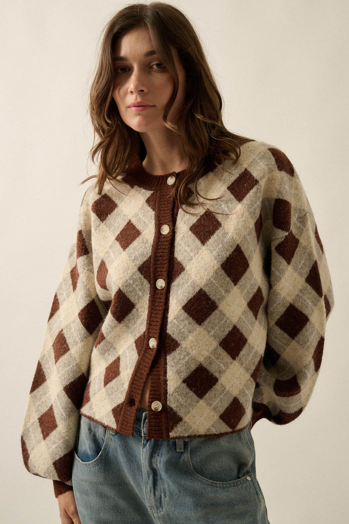 Plaid Idea Jacquard-Knit Bishop-Sleeve Cardigan - ShopPromesa