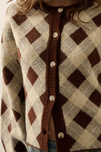 Plaid Idea Jacquard-Knit Bishop-Sleeve Cardigan - ShopPromesa