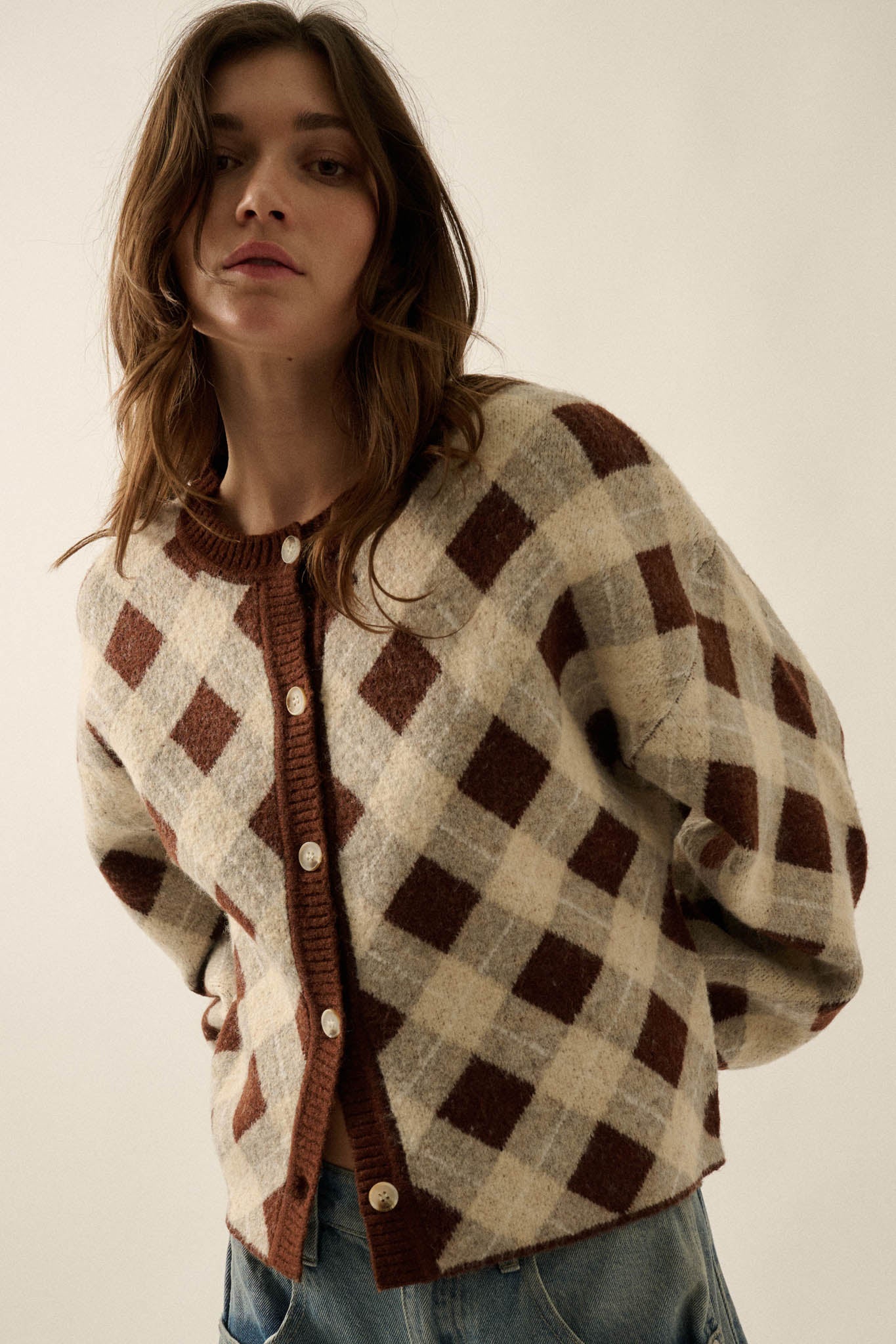 Plaid Idea Jacquard-Knit Bishop-Sleeve Cardigan - ShopPromesa