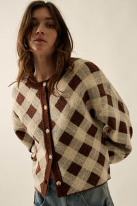 Plaid Idea Jacquard-Knit Bishop-Sleeve Cardigan - ShopPromesa