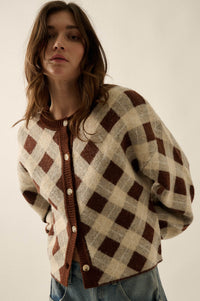 Plaid Idea Jacquard-Knit Bishop-Sleeve Cardigan - ShopPromesa