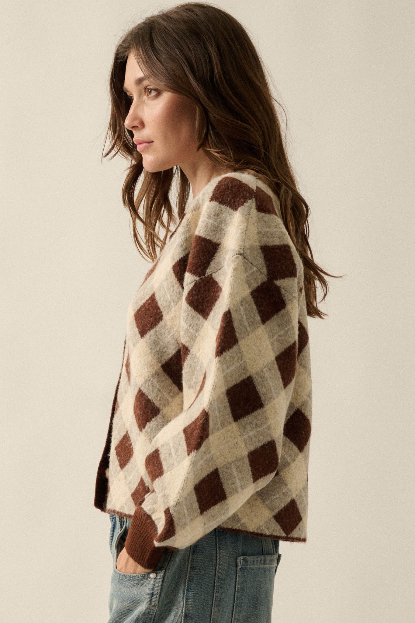 Plaid Idea Jacquard-Knit Bishop-Sleeve Cardigan - ShopPromesa