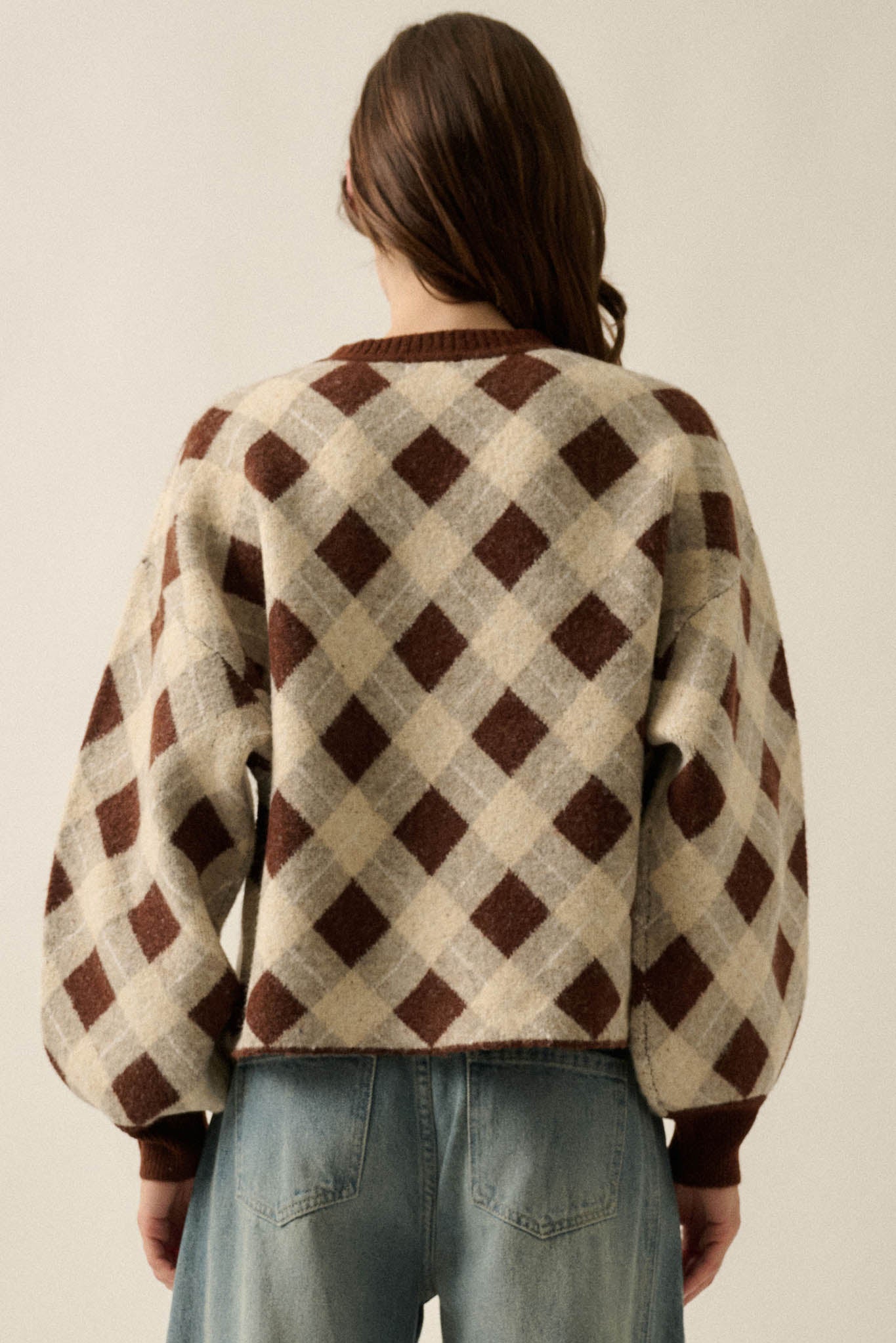 Plaid Idea Jacquard-Knit Bishop-Sleeve Cardigan - ShopPromesa
