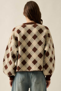 Plaid Idea Jacquard-Knit Bishop-Sleeve Cardigan - ShopPromesa