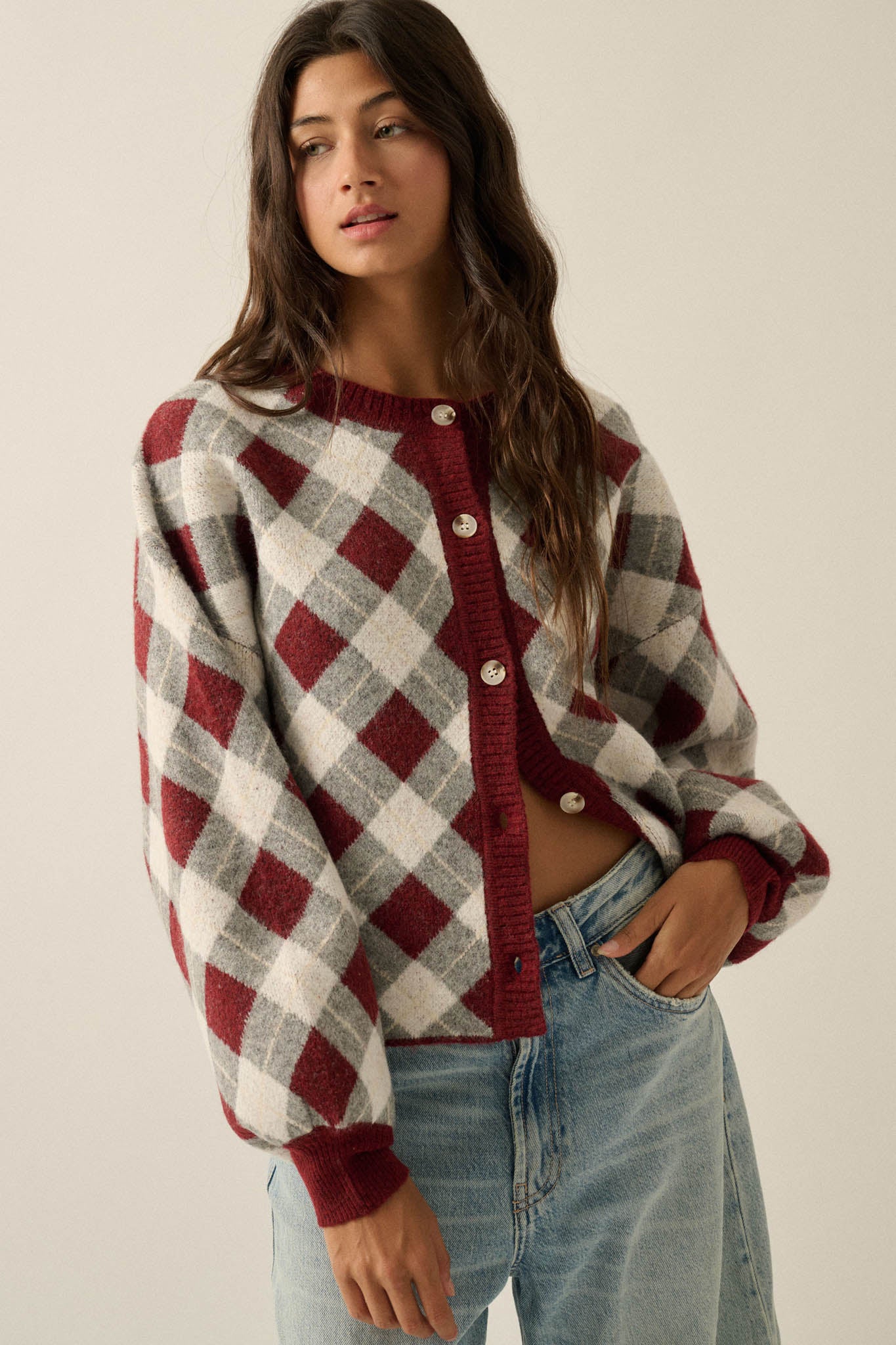 Plaid Idea Jacquard-Knit Bishop-Sleeve Cardigan - ShopPromesa