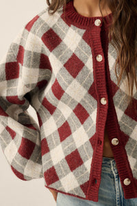 Plaid Idea Jacquard-Knit Bishop-Sleeve Cardigan - ShopPromesa
