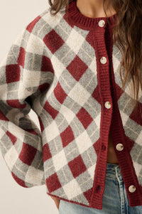 Plaid Idea Jacquard-Knit Bishop-Sleeve Cardigan - ShopPromesa