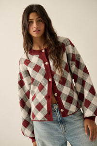 Plaid Idea Jacquard-Knit Bishop-Sleeve Cardigan - ShopPromesa