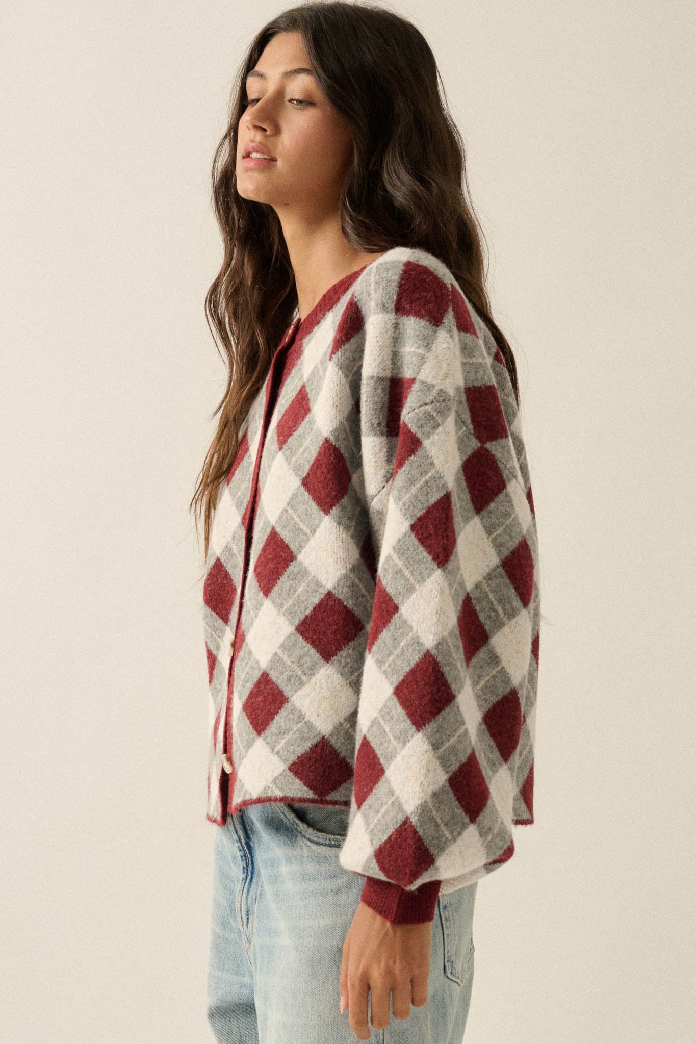 Plaid Idea Jacquard-Knit Bishop-Sleeve Cardigan - ShopPromesa