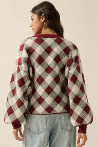 Plaid Idea Jacquard-Knit Bishop-Sleeve Cardigan - ShopPromesa