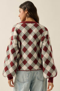 Plaid Idea Jacquard-Knit Bishop-Sleeve Cardigan - ShopPromesa