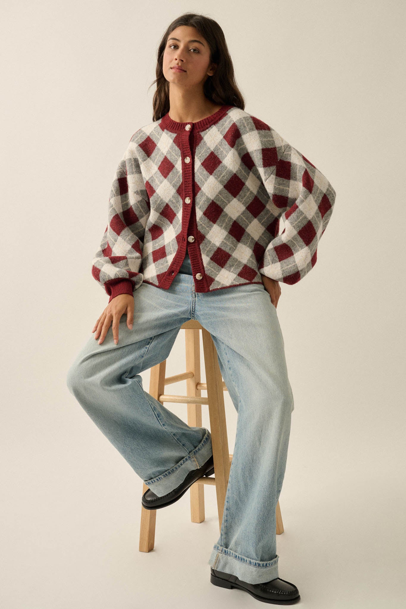 Plaid Idea Jacquard-Knit Bishop-Sleeve Cardigan - ShopPromesa