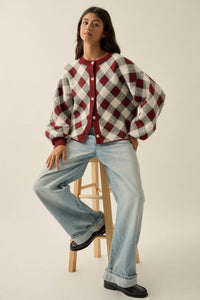 Plaid Idea Jacquard-Knit Bishop-Sleeve Cardigan - ShopPromesa