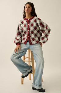 Plaid Idea Jacquard-Knit Bishop-Sleeve Cardigan - ShopPromesa