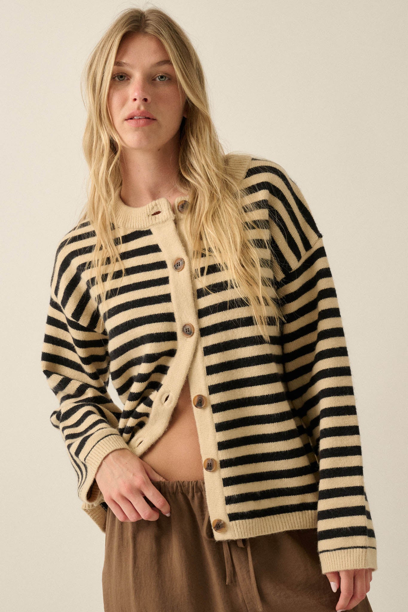 Broad Strokes Striped Knit Crewneck Button-Up Cardigan - ShopPromesa