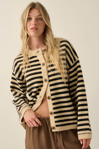 Broad Strokes Striped Knit Crewneck Button-Up Cardigan - ShopPromesa