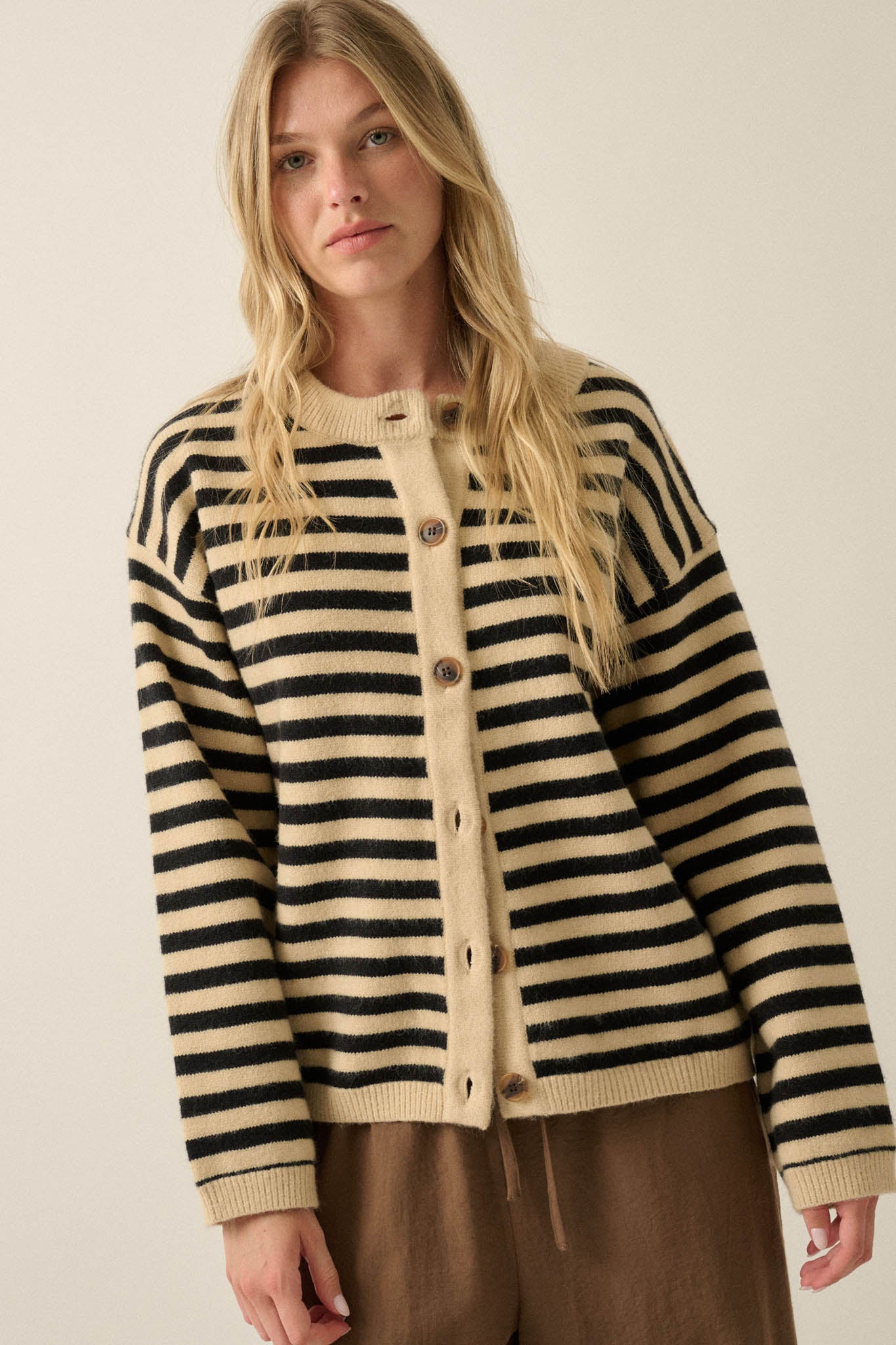 Broad Strokes Striped Knit Crewneck Button-Up Cardigan - ShopPromesa