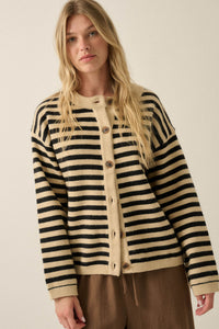 Broad Strokes Striped Knit Crewneck Button-Up Cardigan - ShopPromesa
